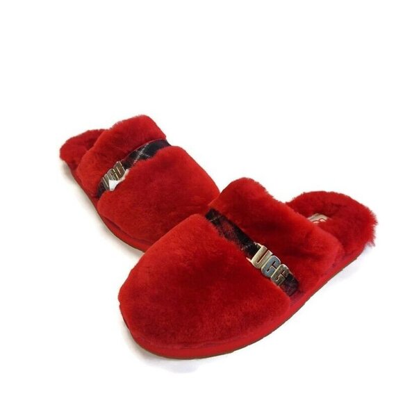 UGG Womens Size 5 Dalla Plaid Sandal Sheepskin Slippers Ribbon Red 1127489 - Picture 4 of 8
